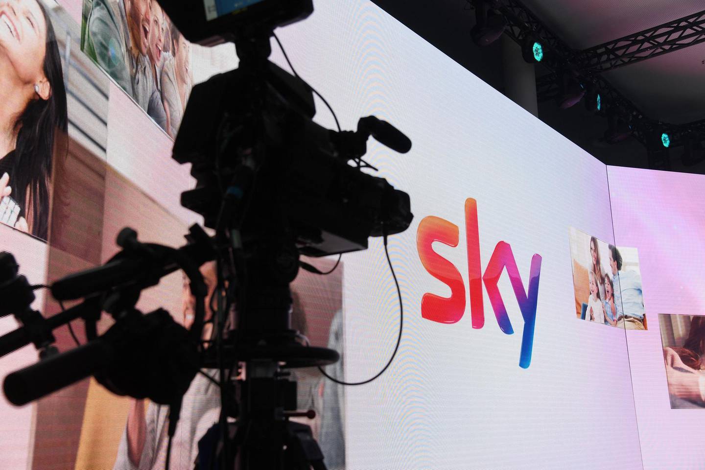 17 April 2018, UnterfÃ¶hring bei Munich, Germany: A Video Camera and the Logo Sky, taken at the introduction of "The New Sky" at the pay TV Sky. Photo: Tobias Hase/dpa (Photo by Tobias Hase/picture alliance via Getty Images)