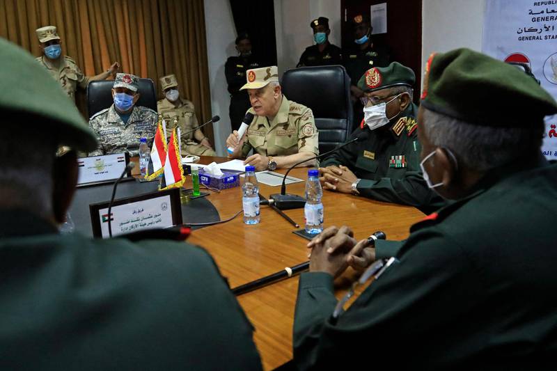 Egyptian military Chief of Staff Mohamed Farid speaks alongside his Sudanese counterpart Mohamed Othman al-Hussein during a meeting of the Egyptian-Sudanese military committee in Sudan's capital Khartoum. AFP