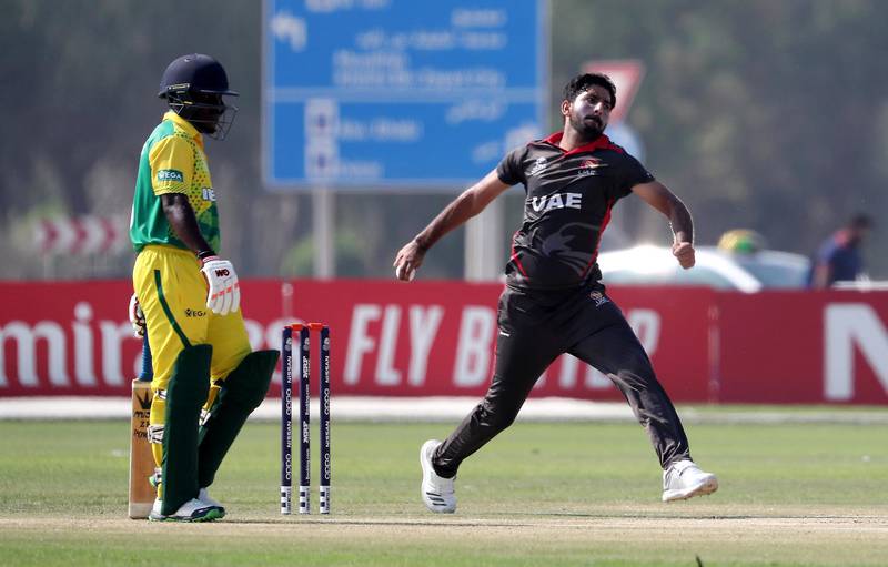 ABU DHABI , UNITED ARAB EMIRATES , October 24  – 2019 :- Junaid Siddique of UAE bowling during the World Cup T20 Qualifiers between UAE vs Nigeria held at Tolerance Oval cricket ground in Abu Dhabi. UAE won the match by 5 wickets.  ( Pawan Singh / The National )  For Sports. Story by Paul