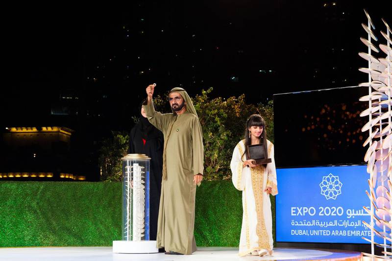 Dubai 27th of March 2016. His Highness Sheikh Mohammed bin Rashid Al Maktoum revealing the new logo of the expo 2020 at the Burj Khalifa. Anna Nielsen for The National