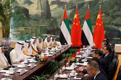 BEIJING, CHINA - JULY 22: Abu Dhabi's crown prince, Sheikh Mohammed bin Zayed Al Nahyan, left, and Chinese Premier Li Keqiang attend a meeting at the Great Hall of the People in Beijing, Monday, July 22, 2019. (Andy Wong-Pool/Getty Images)