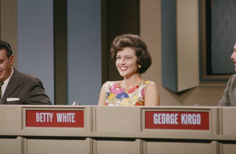 Betty White, in a floral dress, appears on a game show in April 1963. Photo: NBC