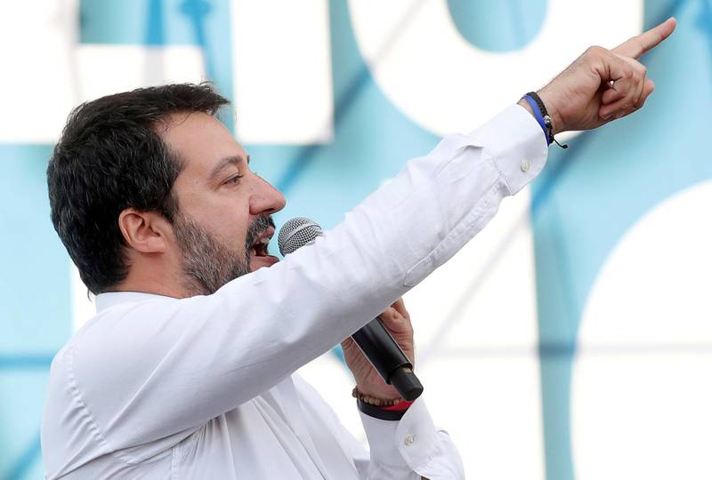 FILE PHOTO: League party leader Matteo Salvini speaks during an anti-government demonstration in Rome, Italy, October 19, 2019. REUTERS/Remo Casilli/File Photo