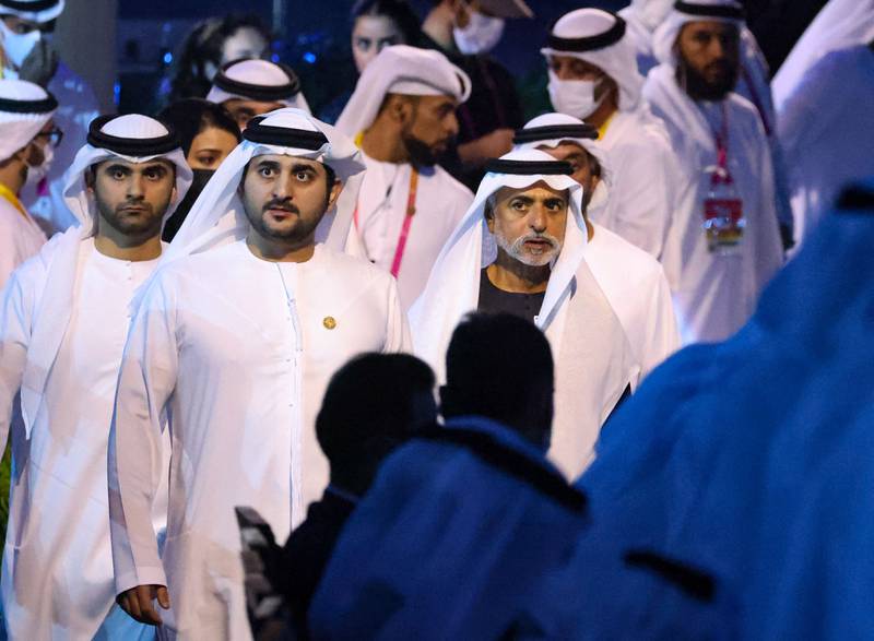 Sheikh Maktoum bin Mohammed, Deputy Prime Minister, Minister of Finance and Deputy Ruler of Dubai, arrives at the closing ceremony of Expo 2020. AFP