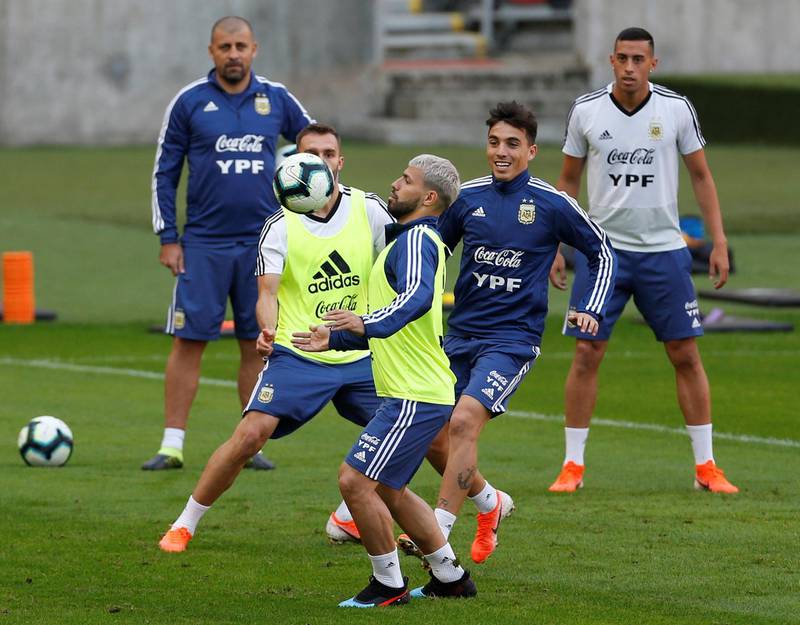 Sergio Aguero takes part in a training session with Argentina teammates inside the Beira Rio Stadium ahead of the Copa America match against Qatar. Reuters