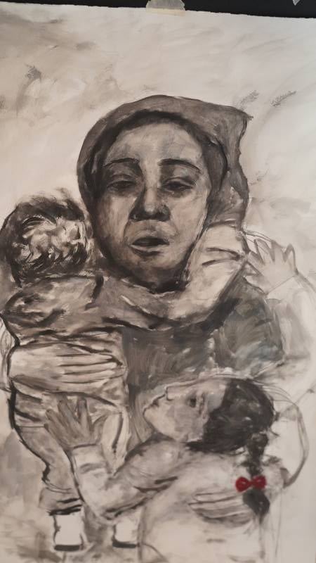 An unfinished sketch of a Palestinian mother protecting her children. Victoria Pertusa / The National