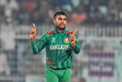 Bangladesh's Mehidy Hasan celebrates the wicket of Pakistan's Abdullah Shafique. AP