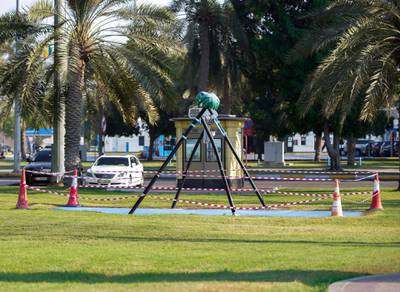 Abu Dhabi, United Arab Emirates, November 2, 2020.   A cordoned off swing along the Corniche for Covid-19 precautionary measures.Victor Besa/The NationalSection:  NAFor:  Standalone/Stock/Weather