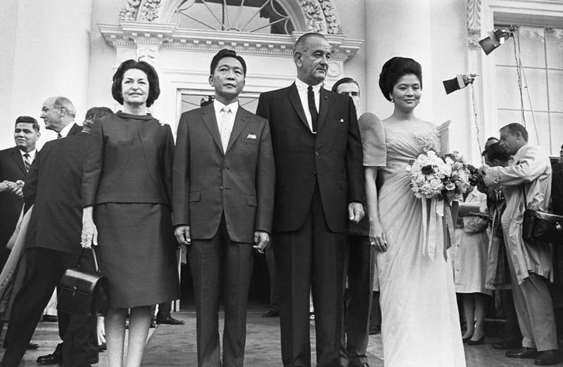 Ferdinand Marcos Sr and his wife Imelda visit the White House and pose with Lyndon and Lady Bird Johnson, circa 1965. Getty Images