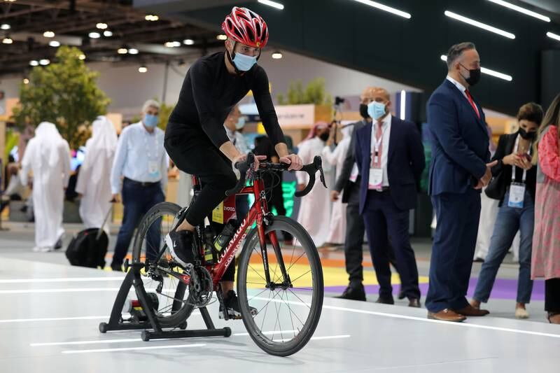 Trying out the Evoteq AI cycle safety at the RTA stand at Gitex in 2021 at the World Trade Centre, in Dubai. Chris Whiteoak / The National