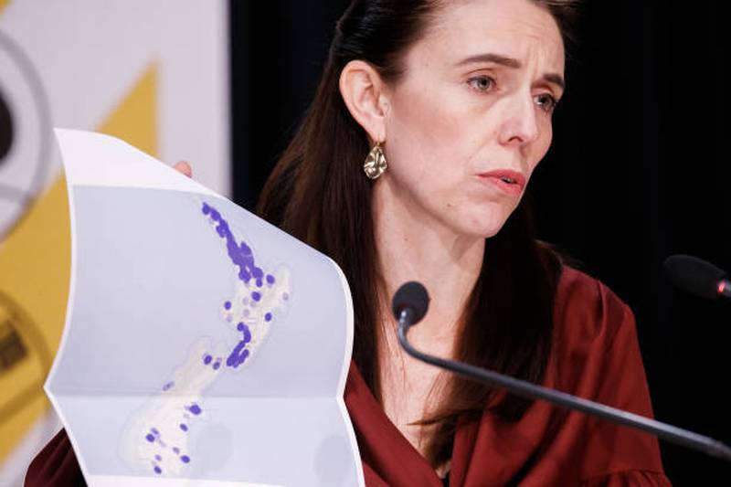 New Zealand Prime Minister Jacinda Ardern talks to the media at the Covid-19 Post Cabinet press conference at the Beehive Theatrette on August 23 in Wellington. Getty