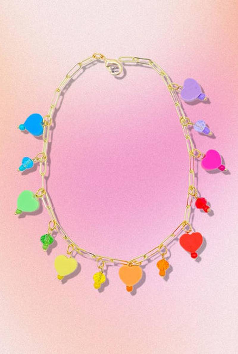 Rainbow coloured hearts and droplets make up this necklace.