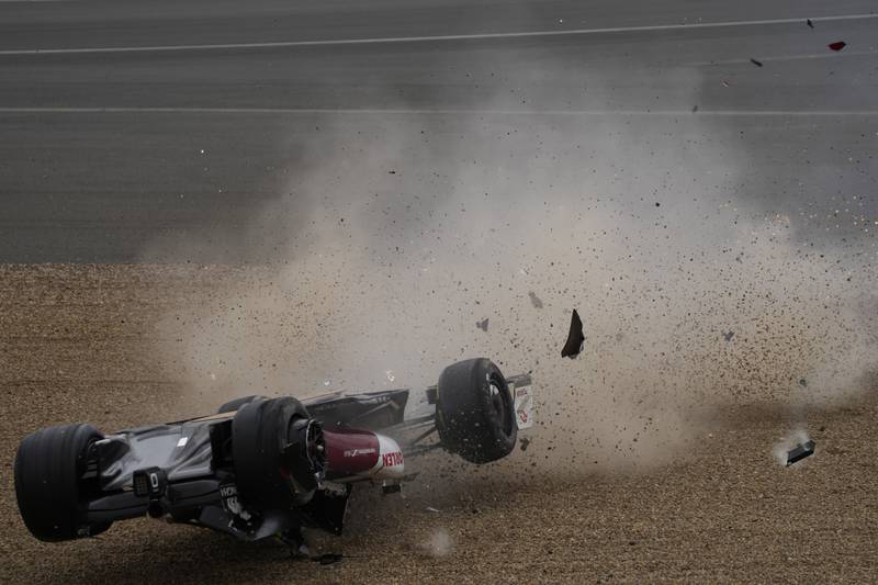 Alfa Romeo driver Guanyu Zhou crashes at the start of the British Grand Prix. AP