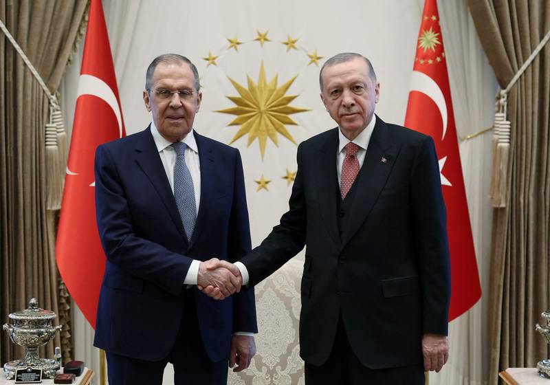 Russia's Sergey Lavrov with Turkish President Recep Tayyip Erdogan during his visit to Ankara. Reuters 