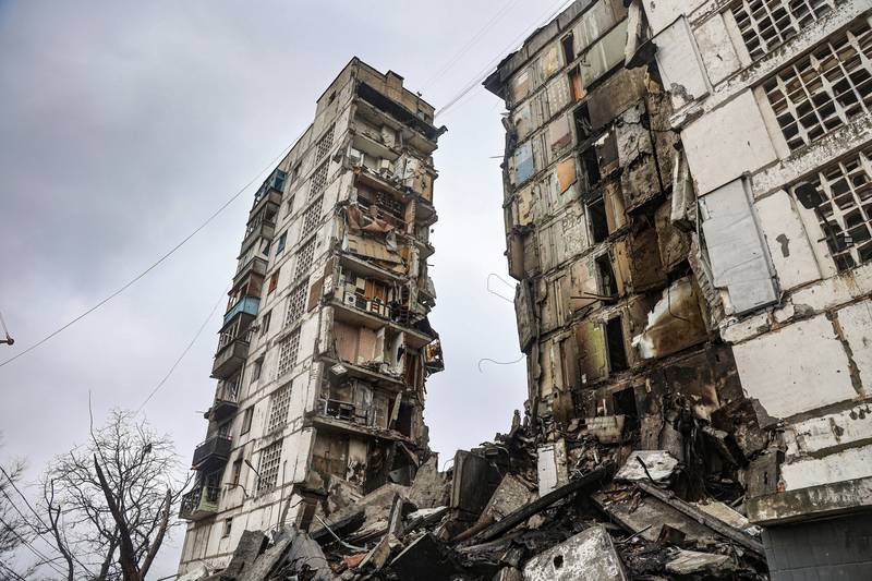 A building damaged during fighting in Mariupol, which is holding out against the Russian invasion. AP Photo