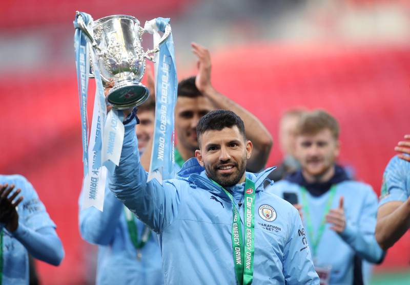 Manchester City's Sergio Aguero celebrates winning the League Cup against Tottenham in April. Reuters