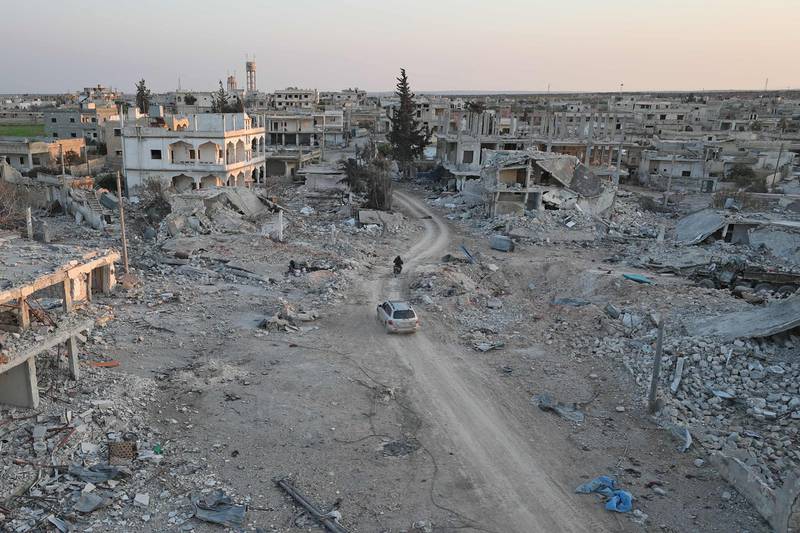 Destroyed buildings in Al Nayrab village, about 14 kilometres south-east of Idlib city. The city and its surroundings have suffered furious bombardment by Syrian forces and Russian jets since since December 2019. AFP
