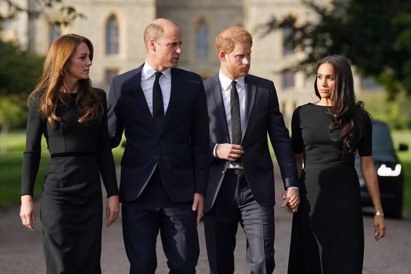From left, Kate, Princess of Wales, Prince William, Prince Harry and Meghan, Duchess of Sussex, at Windsor Castle for Queen Elizabeth II's funeral. Getty Images