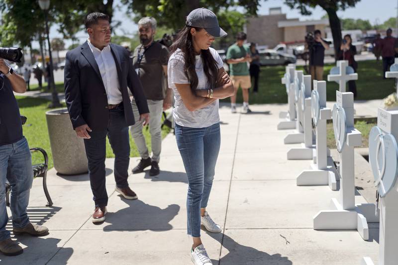 The Duchess of Sussex visits a memorial site for the 19 children and two adults gunned down in Uvalde, Texas.  AP 