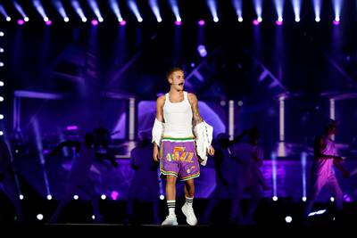 Dubai, United Arab Emirates, May 06, 2017: Justin Bieber performs in concert on Saturday, May. 06, 2017, at the Autism Rocks Arena in Dubai. Chris Whiteoak for The National *** Local Caption ***  CW_0605_JustinBieber_31.JPG