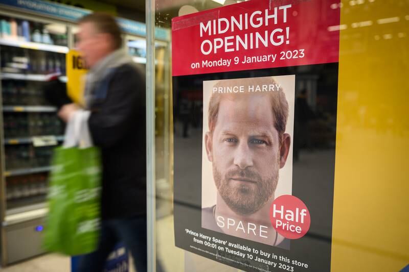 A poster advertising Prince Harry's memoir 'Spare' in a shop window in London. Getty