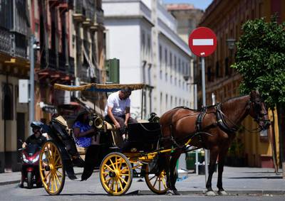Tourists are hot to trot in a horse-drawn carriage in Seville, Spain. AFP