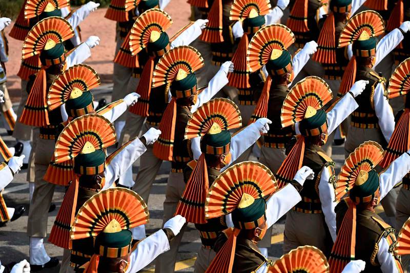 Soldiers march along Rajpath during the Republic Day Parade in New Delhi. AFP