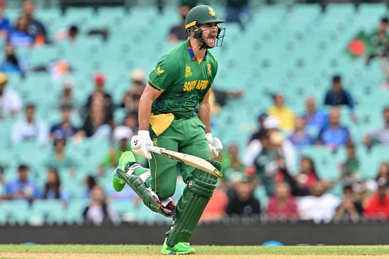 Rilee Rossouw celebrates reaching a century during the T20 World Cup match between South Africa and Bangladesh at the Sydney Cricket Ground on October 27, 2022. AFP