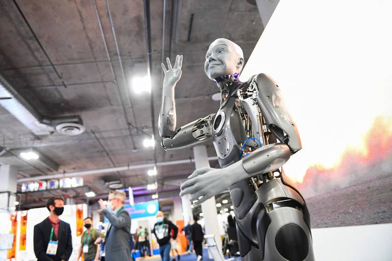 The Engineered Arts Ameca humanoid robot with artificial intelligence gestures as it is demonstrated during the CES in Las Vegas, Nevada. AFP
