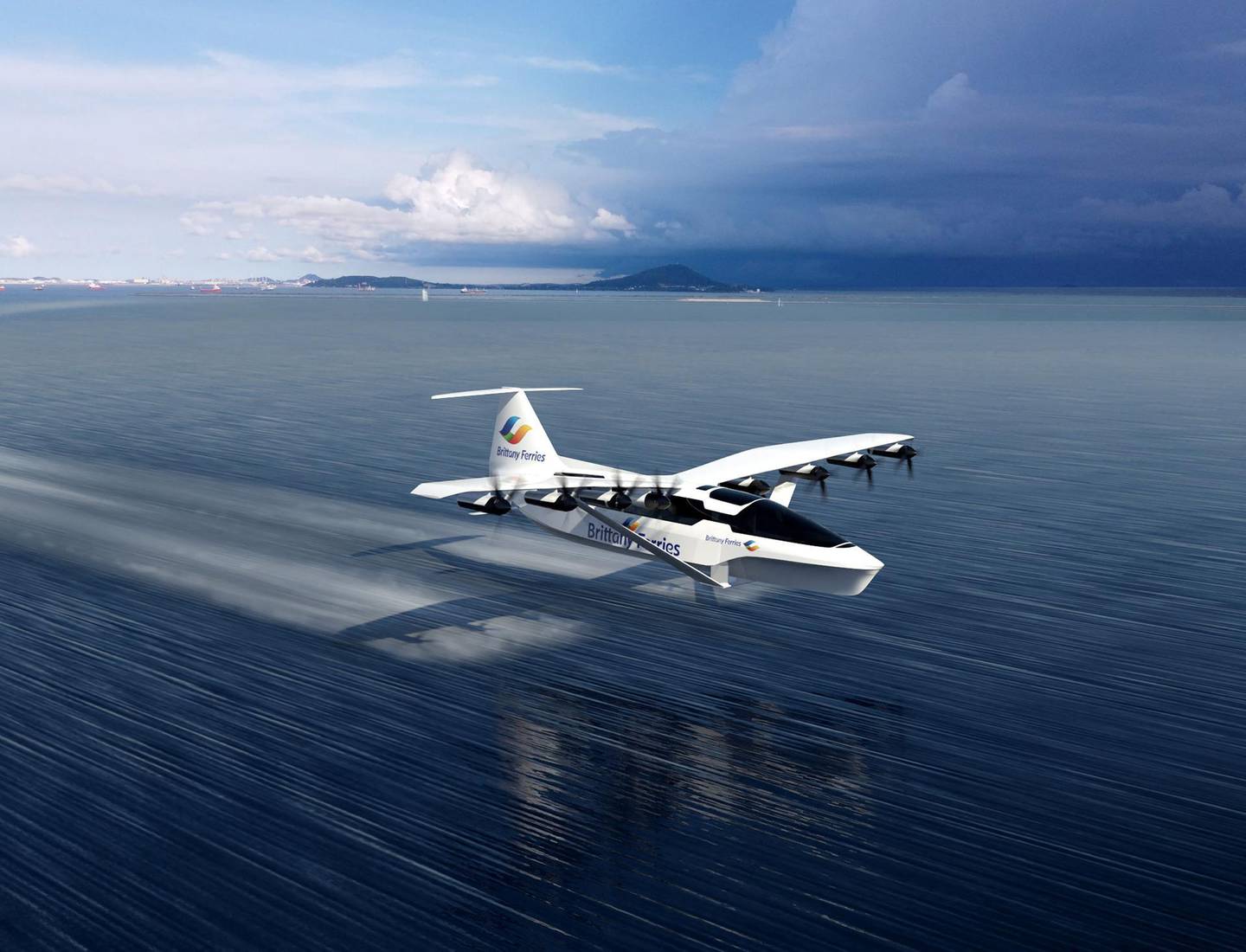 A handout picture released by Regent - Brittany Ferries company on June 12, 2021, shows an artist concept depicting the Seaglider, a 100% electric flying boat created by the US REGENT (Regional Electric Ground Effect Nautical Transport) start-up based in Boston. Brittany Ferries signed a partner agreement to participate in the development of the Seagliders which will welcome from 50 to 150 passengers for trips between Great Britain and France within 2028. - RESTRICTED TO EDITORIAL USE - MANDATORY CREDIT "AFP PHOTO / REGENT - BRITTANY FERRIES " - NO MARKETING - NO ADVERTISING CAMPAIGNS - DISTRIBUTED AS A SERVICE TO CLIENTS
 / AFP / REGENT - BRITTANY FERRIES / STR / RESTRICTED TO EDITORIAL USE - MANDATORY CREDIT "AFP PHOTO / REGENT - BRITTANY FERRIES " - NO MARKETING - NO ADVERTISING CAMPAIGNS - DISTRIBUTED AS A SERVICE TO CLIENTS
