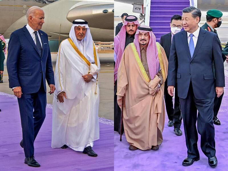 Governor Prince Khaled Al Faisal welcoming US President Joe Biden upon his arrival in Jeddah, left, and China's President Xi Jinping being received by officials including the Governor of Riyadh province Prince Faisal bin Bandar Al Saud at King Khalid International Airport in Saudi Arabia's capital Riyadh. SPA/AFP