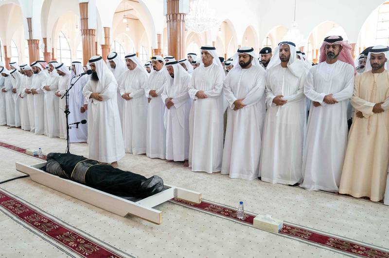 Sheikh Dr Sultan bin Muhammad Al Qasimi, Ruler of Sharjah, Sheikh Saud bin Saqr, Ruler of Ras Al Khaimah, Sheikh Humaid bin Rashid, Ruler of Ajman and Sheikh Ammar bin Humaid, Crown Prince of Ajman, and Sheikh Mohammed bin Hamad, Crown Prince of Fujairah, and other sheikhs and dignitaries perform funeral prayers on the body of Sheikh Khalid. Wam