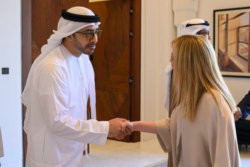 Sheikh Abdullah bin Zayed, Minister of Foreign Affairs and International Co-operation, meets Ms Meloni. Hamad Al Kaabi / UAE Presidential Court