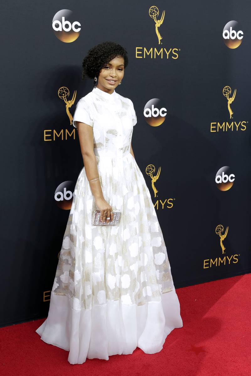 Yara Shahidi, in cream and gold Clara Rotescu, arrives for the 68th annual Primetime Emmy Awards in Los Angeles on September 18, 2016. EPA