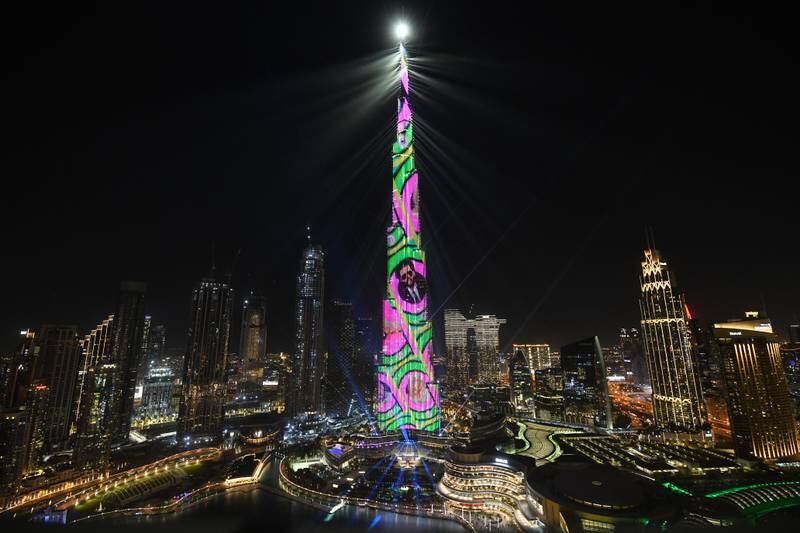 The Anghami logo is projected on to Burj Khalifa in Dubai. Anghami became the first technology company from the Arab world to list on the Nasdaq. Photo: Anghami