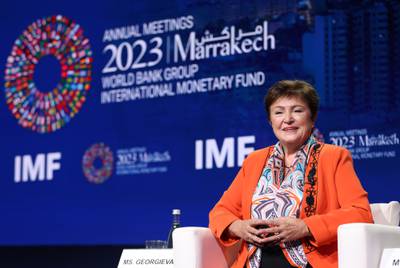 Kristalina Georgieva, managing director of the International Monetary Fund, on the opening day of the fund's annual meetings. Bloomberg