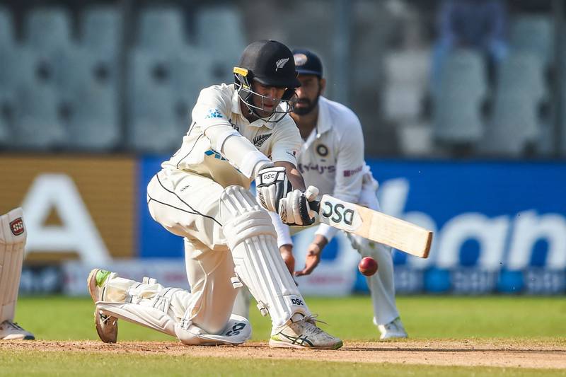 New Zealand's Rachin Ravindra plays a shot during the fourth day of the second Test. AFP