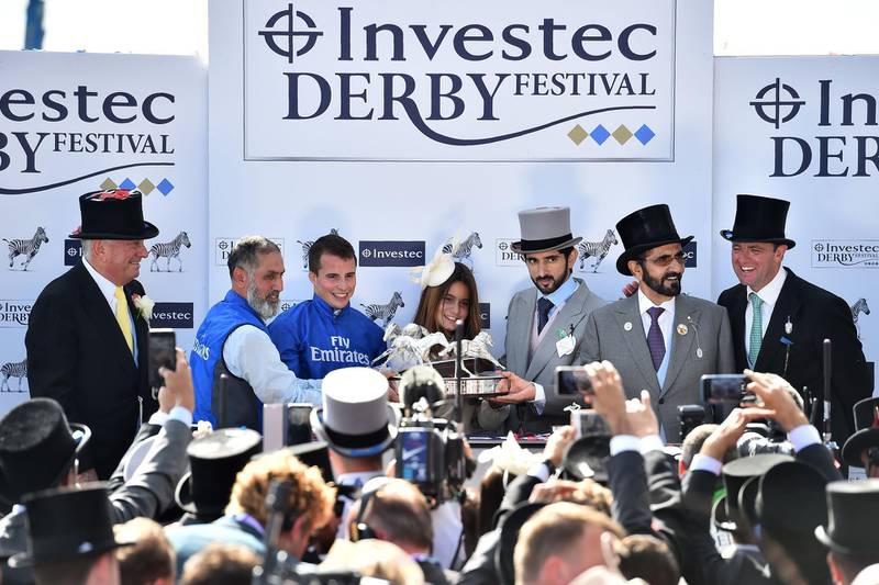 Godolphin celebrated their first win in the Epsom Derby as William Buick rode Masar to victory, much to the delight of Sheikh Mohammed bin Rashid, Vice President of the UAE and Ruler of Dubai, and Sheikh Hamdan bin Mohammed, Crown Prince of Dubai. Glyn Kirk / AFP