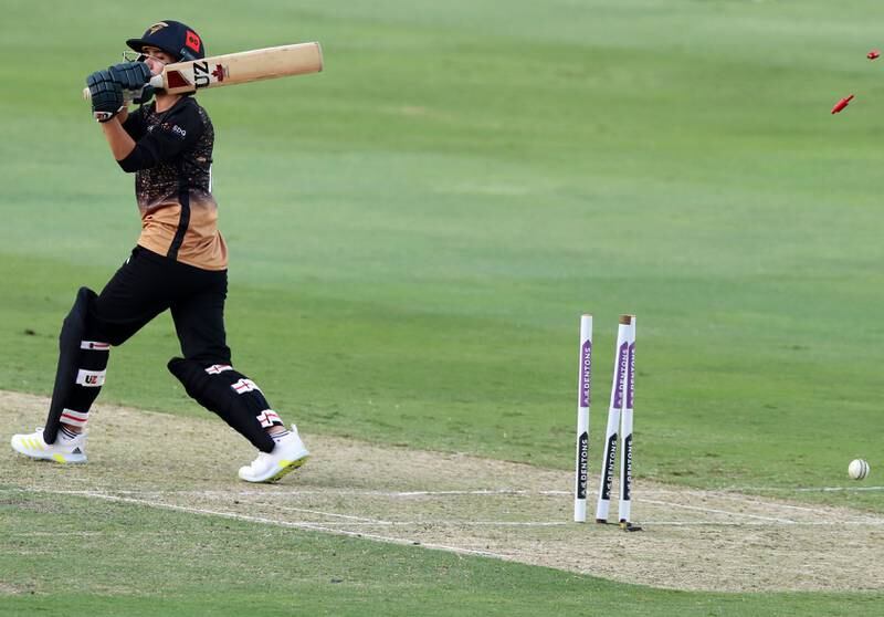 Tornadoes batter Diana Baig is bowled by Sapphires' Shabnim Ismail for a duck.