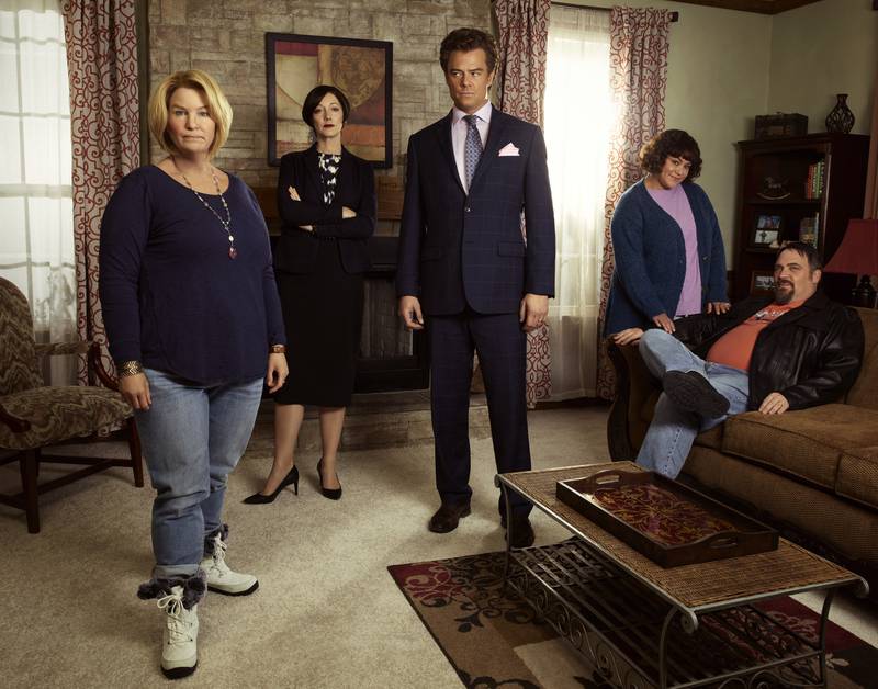 From left, Renee Zellweger as Pam Hupp, Judy Greer as Leah Askey, Josh Duhamel as Joel Schwartz, Katy Mixon as Betsy Faria and Glenn Fleshler as Russ Faria in 'The Thing About Pam'. Photo: NBC
