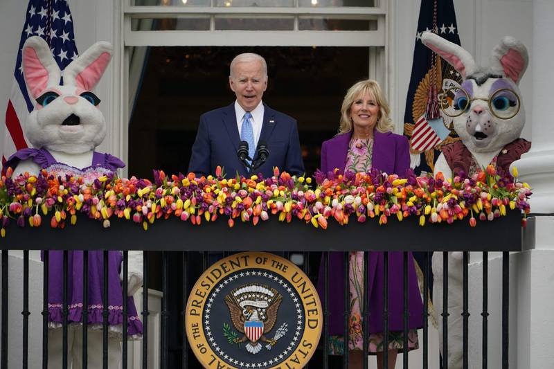 US President Joe Biden, alongside Jill Biden and the Easter Bunny, speaks about the Easter holiday and the traditional White House Easter Egg roll at the White House in Washington, DC. AFP