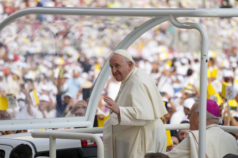 Pope Francis arrives to celebrate mass at Bahrain National Stadium in Riffa, Bahrain, on Saturday, November  5. AP Photo / Alessandra Tarantino