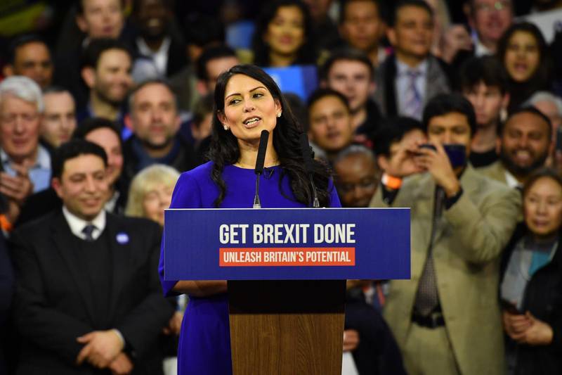 LONDON, ENGLAND - DECEMBER 11: Conservative MP, Priti Patel speaks at the Copper Box Arena on December 11, 2019 in London, United Kingdom. Boris Johnson spent the final day of the general election campaign visiting constituencies from West Yorkshire to Wales, trying to persuade voters to elect Conservative MPs and give him a governing majority to secure his Brexit deal. (Photo by Leon Neal/Getty Images)