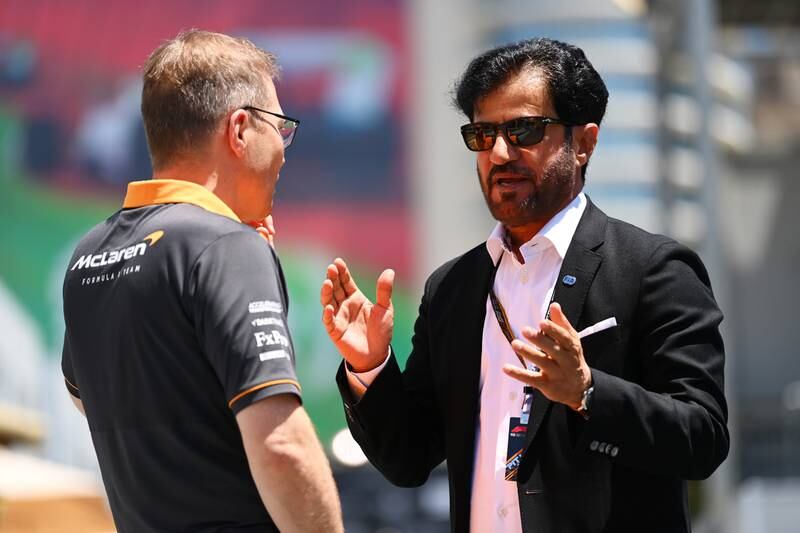 McLaren team principal Andreas Seidl talks with Mohammed Ben Sulayem in the paddock prior to final practice ahead of the F1 Grand Prix of Azerbaijan at Baku City Circuit on June 11, 2022. Getty Images