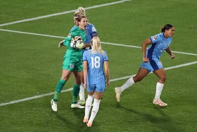 Mary Earps of England reacts after saving a penalty taken by Jennifer Hermoso of Spain. Getty