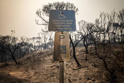 A disabled parking sign is seen at a parking lot in front of burnt bush in Mallacoota. Getty Images