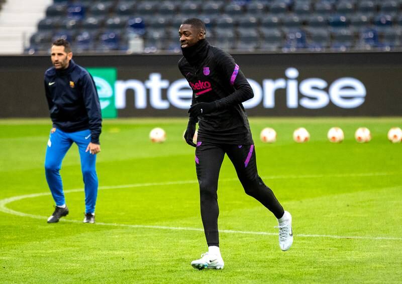 Ousmane Dembele attends Barcelona's training session in Frankfurt. EPA