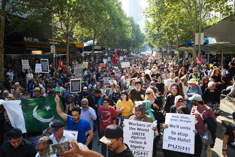 epa07441371 Demonstrators take part in an anti-racist and anti-fascist rally against Islamophobia in Melbourne, Australia, 16 March 2019. At least 49 people were killed by a gunman, believed to be Brenton Harrison Tarrant, and 20 more injured and in critical condition during the terrorist attacks against two mosques in New Zealand during Friday prayers on 15 March.  EPA/ERIK ANDERSON AUSTRALIA AND NEW ZEALAND OUT