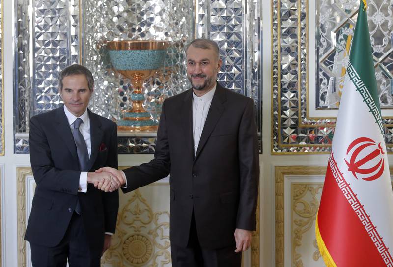 Rafael Gross, head of the International Atomic Energy Organisation, meets Iran's Foreign Minister Hossein Amirabdollahian in Tehran in March. AP Photo