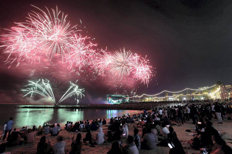Fireworks at La Mer in Dubai mark the UAE's 48th National Day in 2019.  Chris Whiteoak / The National